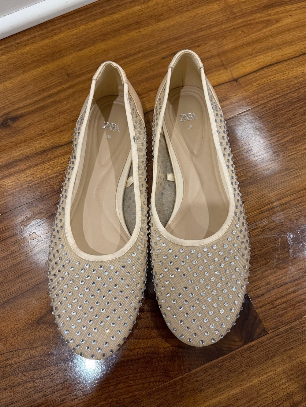 zara nude rhinestone mesh ballet flats
